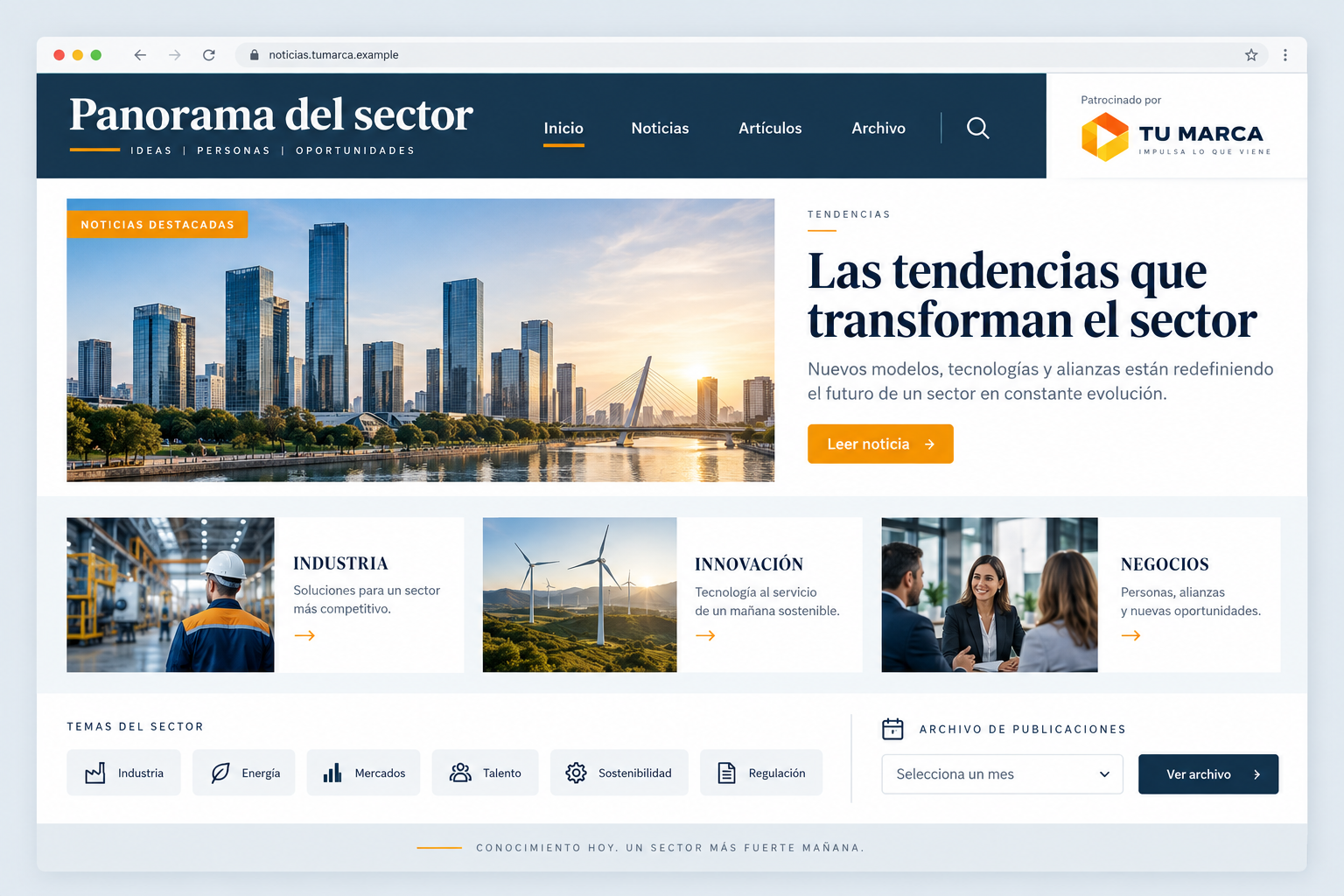 Ejemplo de un portal de noticias con el logo del patrocinador en la cabecera, noticias destacadas, temas del sector y archivo de publicaciones.